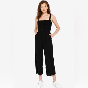 Hollister Cotton Linen Blend Black Smocked Wide Leg Jumpsuit Adjustable size M